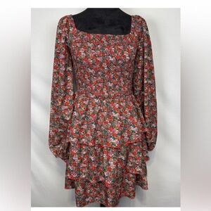 Floral Square Neck Smocked Dress 3 Ruffled Tiers SMALL, Red Lavender NWOT BTFBM